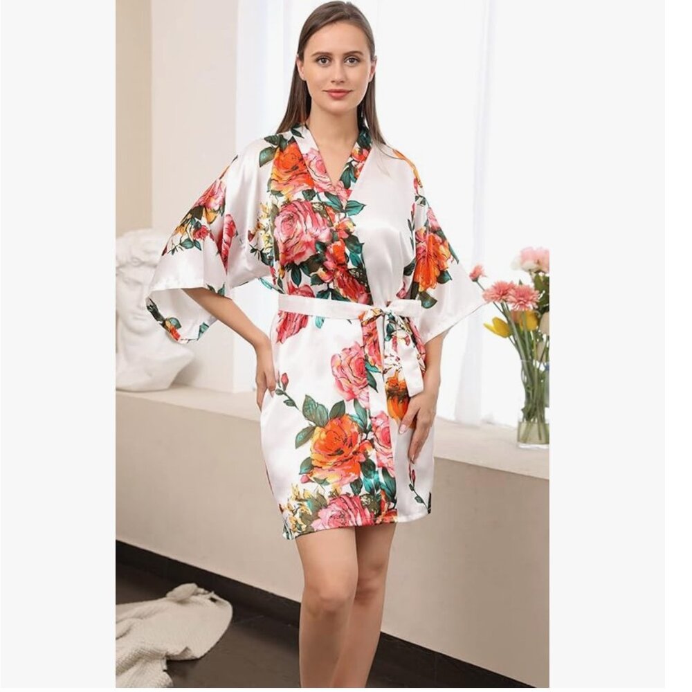 NWOT- Floral Satin Bridal Robe, Sz L-XL